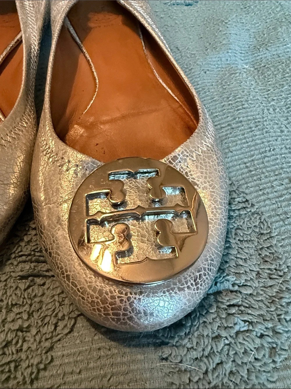 Tory Burch Metallic Silver Riva Logo Ballet Flats